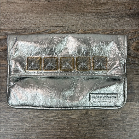 Marc Jacobs Metallic Silver Leather Fold Over Clutch